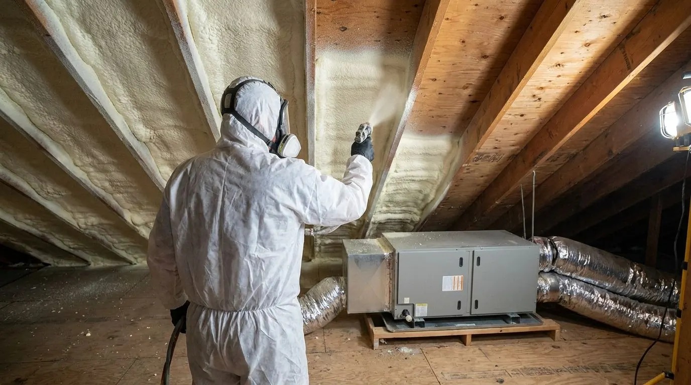An installer in a respirator and white coveralls sprays pale cream foam onto the underside of an attic roof deck between wood rafters, with an air handler and ducts on a platform below.