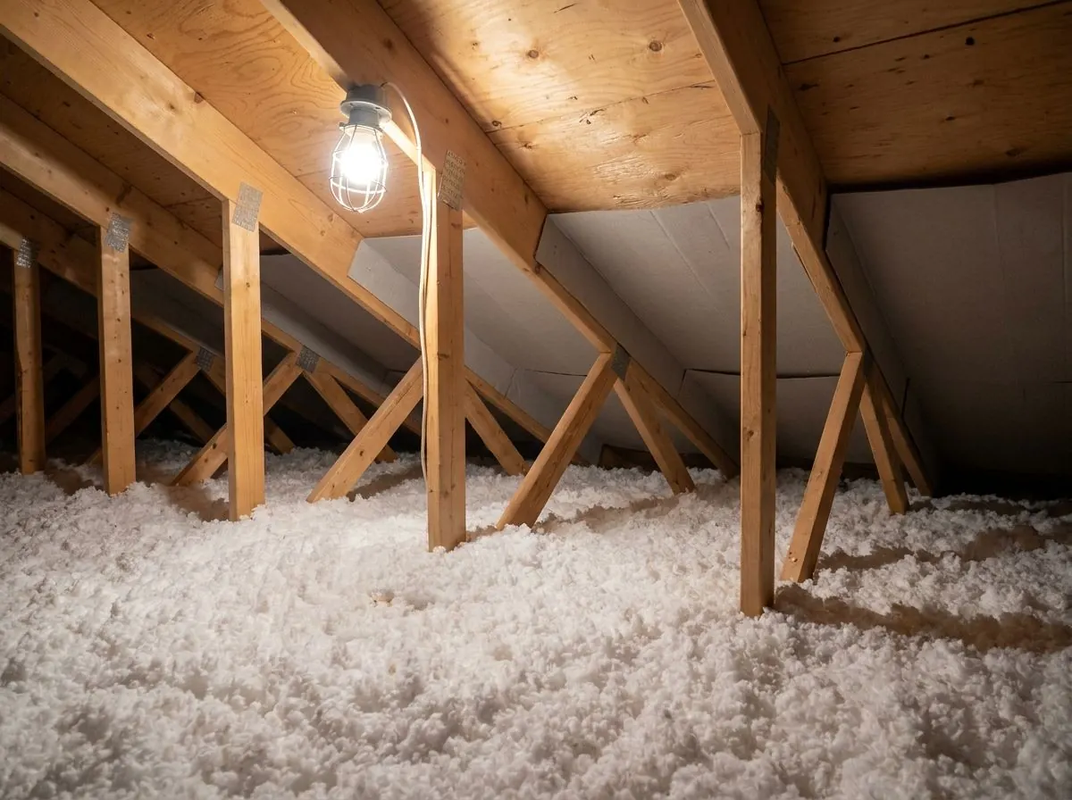 A deep, fluffy white loose-fill fiberglass layer fills a residential attic between trusses, with baffles visible at the eaves.