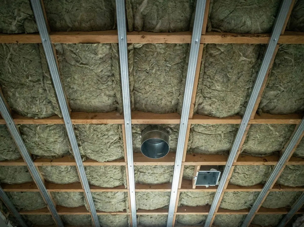 A basement ceiling with gray stone wool batts filling the joist bays and thin metal resilient channels screwed across the joists.