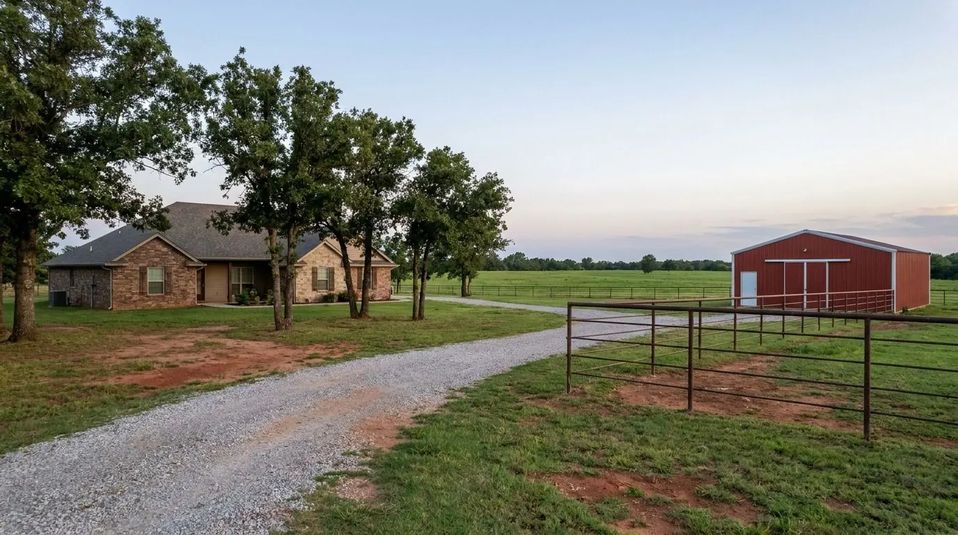 A one-story home on a large wooded lot with a red metal barn, a pipe fence and an open pasture.
