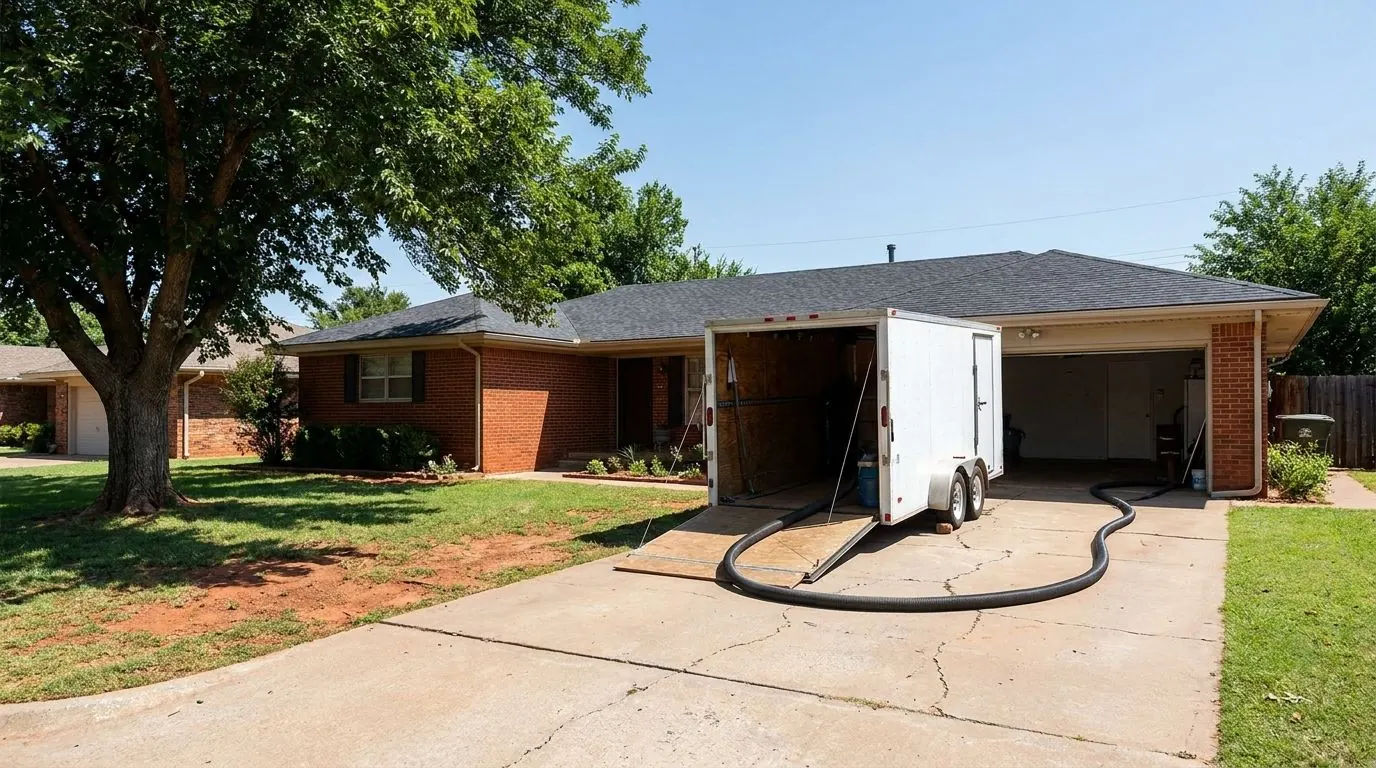 A white enclosed trailer parked in the driveway of a one-story brick ranch home, with a thick black vacuum hose running out of the trailer across the driveway.