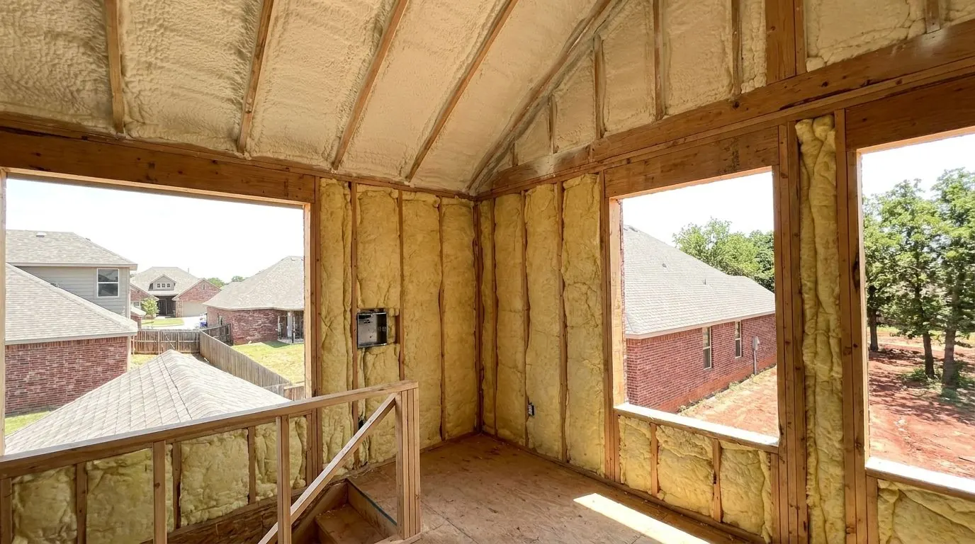The second floor of a new house before drywall: pale cream foam covers the sloped roofline above, and unfaced batts fill the exterior wall bays, with no plastic sheeting.