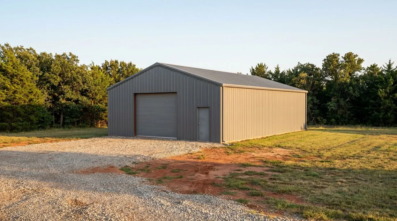 A steel-sided post-frame shop with a large roll-up door on a gravel pad, set in mown pasture with a line of trees behind.