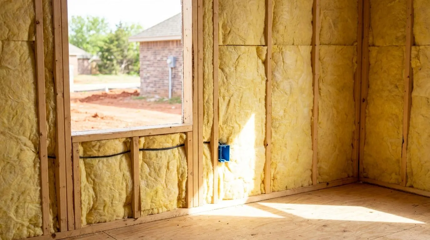 A framed exterior wall in a new house with unfaced yellow fiberglass batts fitted into every stud bay, cut neatly around an electrical box, with no plastic sheeting over them.